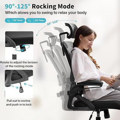 Ergonomic Office Chair,Mesh Office Chair with Lumbar Support,High Back Desk Chair with Flip-up Arms,400 lbs Big and Tall Computer Chair with Headrest,Comfy Desk Chairs (Black)