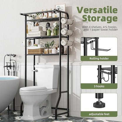 Simple Trending Over The Toilet Storage Cabinet, Metal Bathroom Shelf Organizer with Paper Holder and Hooks, 3 Tier, Black
