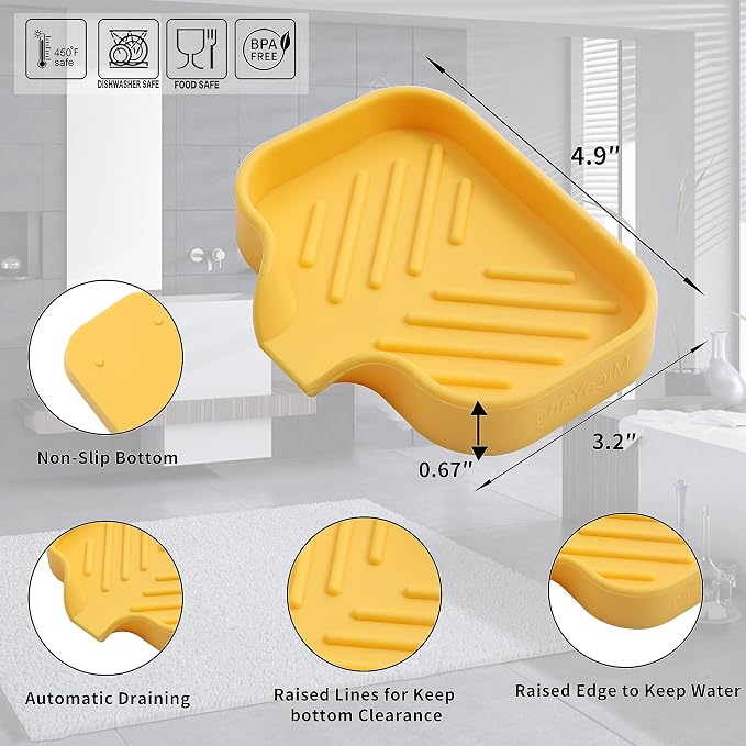 MicoYang Silicone Soap Dish with Drain Spout, Self-Draining Sink Organizer Tray for Bathroom and Kitchen, Sponges, Dispensers and Soap Holder, Non-Slip & Dishwasher Safe, Yellow (Compact, 4.9"×3.2")