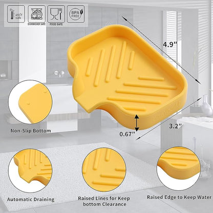 MicoYang Silicone Soap Dish with Drain Spout, Self-Draining Sink Organizer Tray for Bathroom and Kitchen, Sponges, Dispensers and Soap Holder, Non-Slip & Dishwasher Safe, Yellow (Compact, 4.9"×3.2")
