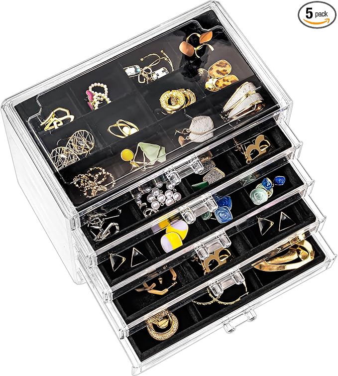 ProCase Earring Holder Organizer Jewelry Box with 5 Drawers, Acrylic Clear Earring Case with Adjustable Velvet Trays for Women - Black, 5 Layers