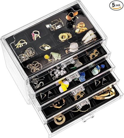 ProCase Earring Holder Organizer Jewelry Box with 5 Drawers, Acrylic Clear Earring Case with Adjustable Velvet Trays for Women - Black, 5 Layers
