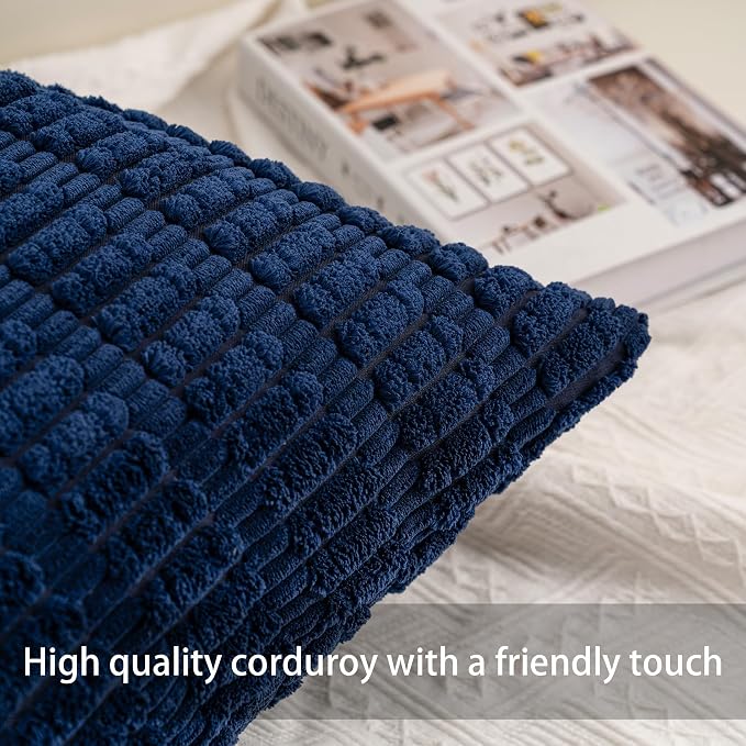 Aegero Pack of 2 Corduroy Decorative Throw Pillow Covers 18x18 InchSoft Boho Striped Pillow Covers Modern Farmhouse Home Decor for Sofa Living Room Couch Bed（Blue）