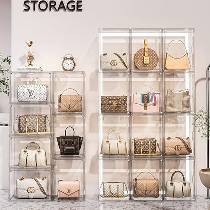 Clear Purse Organizer for Closet, 5 Pack Handbag Storage Organizer, Acrylic Display Case for Collectibles, Stackable Storage Bins with Magnetic Lids for Figure, Wallet, Clutch, Doll