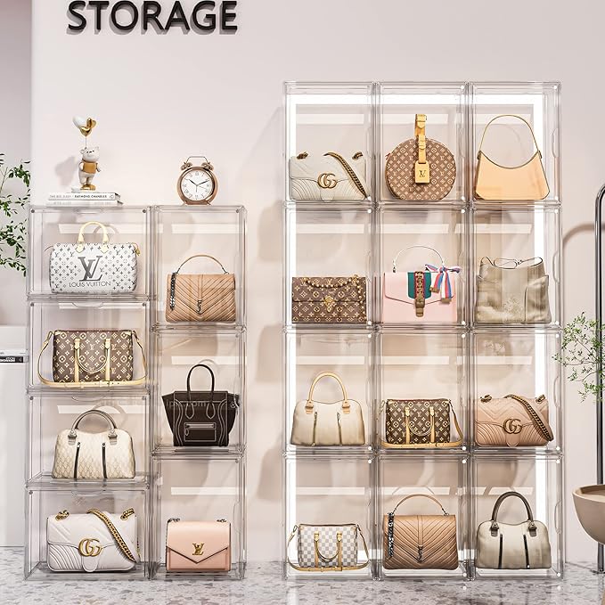 Purse Storage Organizer for Closet 3 Packs Clear Handbag Storage Organizer Acrylic Display Case for Collectibles Stackable Bag Organizer with Magnetic Door for Backpack, Figure, XXX-Large