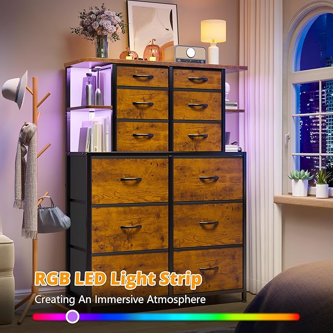 EnHomee Dresser with 12 Drawers & LED Lights, Dresser for Bedroom with 4 Open Storage Shelves, Fabric Dressers & Chests of Drawers, Metal Frame, Wood Top,45.2" H x 35.4" W x 11.8" D, Rustic Brown