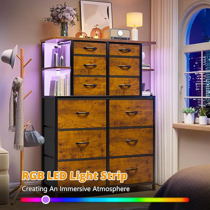 EnHomee Dresser with 12 Drawers & LED Lights, Dresser for Bedroom with 4 Open Storage Shelves, Fabric Dressers & Chests of Drawers, Metal Frame, Wood Top,45.2" H x 35.4" W x 11.8" D, Rustic Brown