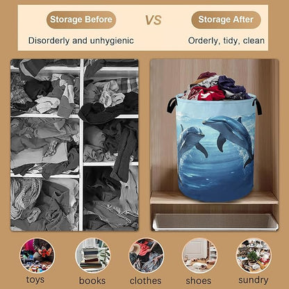Ocean Dolphin Laundry Basket,Collapsible Laundry Baskets with Handles,Waterproof Oxford Cloth Storage Basket 16"x20" for Bathroom/Bedroom/Dormitories