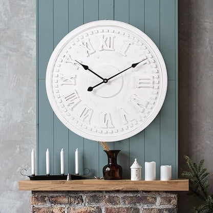 Vintage Wall Clock with Roman Numerals – 24", 30", 36" – Quartz Movement, Black Hands, Distressed Finish, MDF Wood Veneer – Elegant Home Decor, 24"