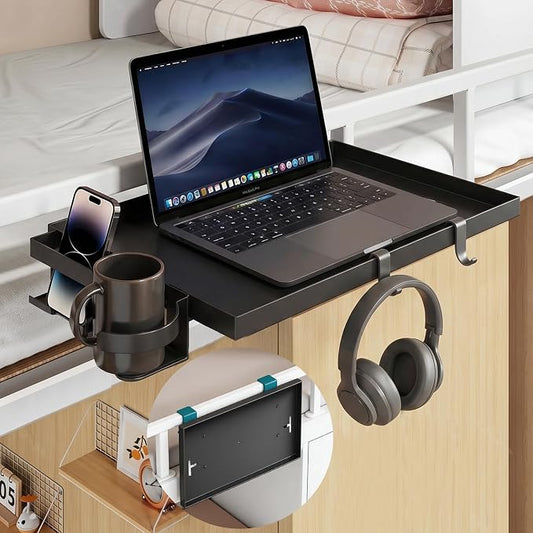 Foldable Bedside Shelf, Metal Clip On Bunk Bed Shelf for Top Bunk Heavy Duty Bed Side Table Tray for University Dorm Essentials, Loft Nightstand Organizer Tray with Removable Cup and Phone Holder