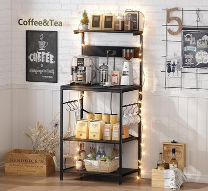 SUPERJARE Kitchen Bakers Rack with Power Outlet, Coffee Bar Table 4 Tiers, Kitchen Microwave Stand with 6 S-shaped Hooks, Storage Shelf Rack for Spices, Pots and Pans - Black