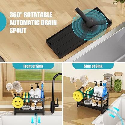 Taugast Sponge Holder for Kitchen Sink with Flexible Sponge Holder Smiley Face,2 Tier Kitchen Sink Organizer Countertop and Storage Essentials,Soap Dispenser Organize,Home Decor Accessories-Black