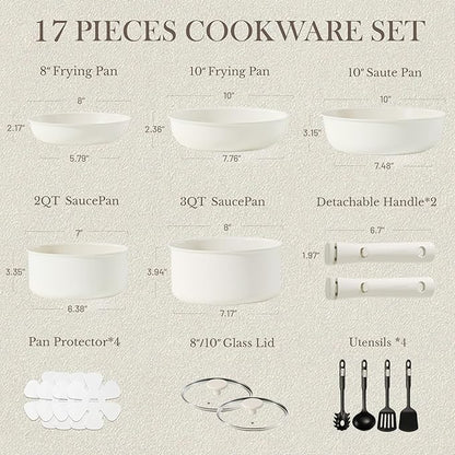 CAROTE 17pcs Pots and Pans Set, Nonstick Cookware Set Detachable Handle, Induction Kitchen Cookware Sets Non Stick with Removable Handle, RV Cookware Set, Oven Safe