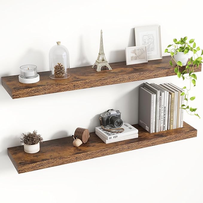 Acovy 36 Inch Floating Shelves, 8 Inch Deep Floating Shelves for Wall, Hanging Shelf with Invisible Brackets, Deep Shelves for Bathroom, Bedroom, Living Room, Brown, Set of 2