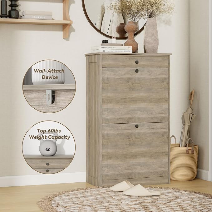 FTZxHKLX Shoe Cabinet with 2 Flip Drawers, Narrow Freestanding Shoe Storage Organizer, Slim Wooden Hidden Shoe Rack for Front Door Entrance, Closet, Hallway, Living Room, Rustic Gray