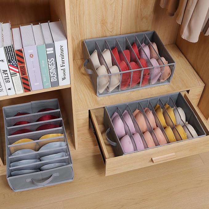 Zilink Upgraded Underwear Drawer Organizer with Support Board, Clear Drawer, 7 Grids Divider, Sock Organizer for Closet, Nursery, Baby Clothes, Bra, Sock, Tie - 3 Pack