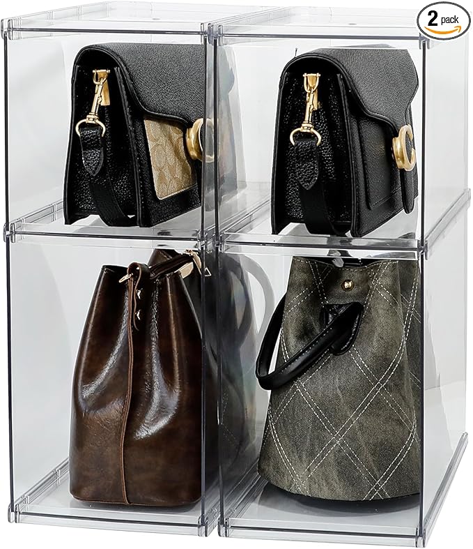 4 Pack Stackable Closet Organizers and Storage Shelves for Small Purses, Handbags, Clear Display Rack for Bathroom, Bedroom and Living Room, Plastic High Heels Holder (Short/Tall)