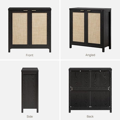 SICOTAS Sideboard Buffet Storage Cabinet - Boho Rattan Credenza Coffee Bar Cabinet with Large Storage, Farmhouse Console Buffet Table for Kitchen Living Room Entryway - 2 Black Pieces