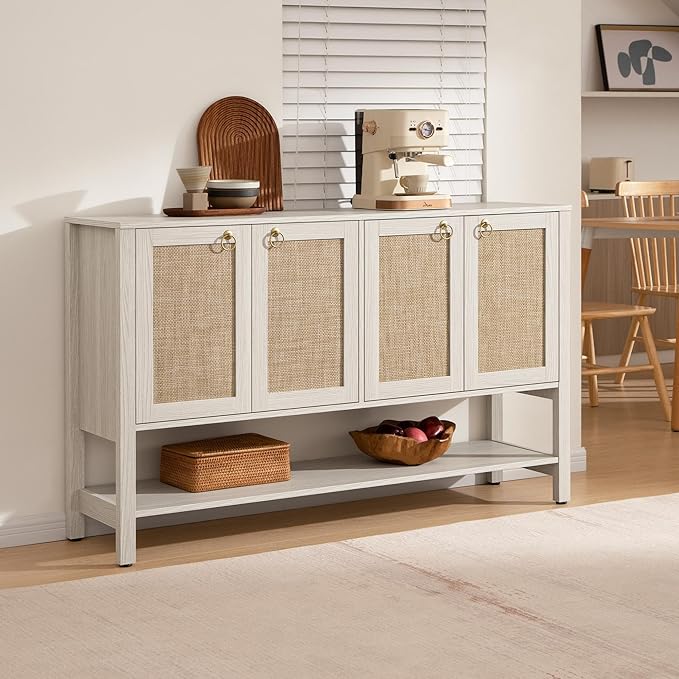 SICOTAS Rattan Sideboard Buffet Cabinet with Open Storage - Large Storage Cabinet with 4-Doors and Adjustable Shelves, Boho Credenza Coffee Bar Cabinets Buffet Table Console Table for Kitchen,Hallway