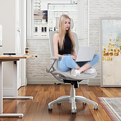 GABRYLLY Ergonomic Office Chair, High Back Home Desk Chair with Headrest, Flip-Up Arms, 90-120° Tilt Lock and Wide Cushion, 400LBS Mesh Chairs for Man Woman, White Task Chair(Grey,GY01WG)