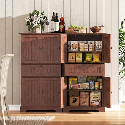 ChooChoo 51" H Tall Bathroom Floor Cabinet, Modern Bathroom Storage Cabinet with Drawer and Adjustable Shelves, Freestanding Kitchen Pantry Cupboard with 4 Doors for Living Room, Walnut
