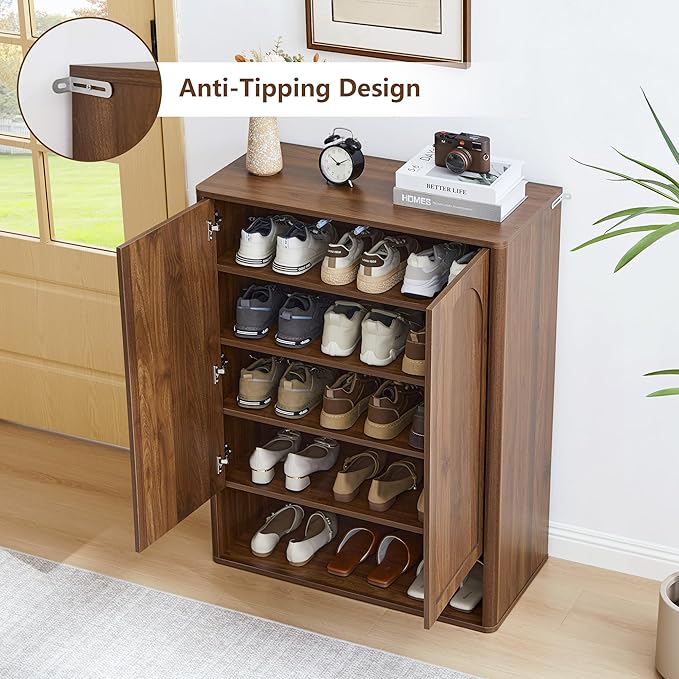 Shoe Cabinet, 5 Tier Wooden Shoe Storage Organizer Cabinet with Adjustable Shelves, Shoes Rack Accent Cabinet for Entryway Hallway Living Room, Walnut