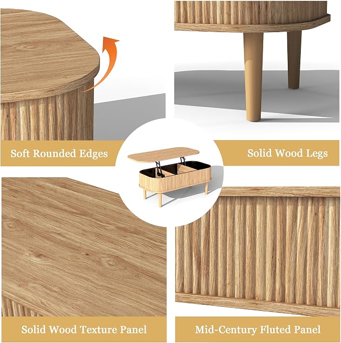 Fluted Lift Top Coffee Table with Hidden Storage, Oval Coffee Table with Lifting Top, Mid Century Modern Design for Living Room, Office & Small Spaces, Natural