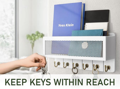 Rebee Vision Farmhouse Key Holder for Wall with Mail Organizer : Decorative Mesh Basket with 6 Sturdy Key Hooks – Wall Mount Home Decor for Office，Entryway, Hallway, Apartment (Rustic White)