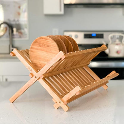 Dish Drying Rack Bamboo Dish Rack Plate Rack Collapsible Dish Drainer, Foldable Dish Drying Rack Wooden Plate Rack Made of 100% Natural Bamboo (Natural Bamboo- Natural Bamboo- Foldable)