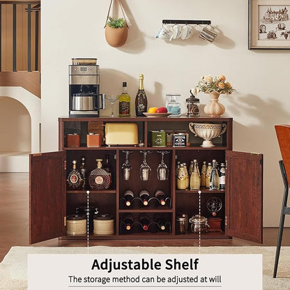 Lerliuo Rattan Wine Cabinet with 2 Doors, Boho Liquor Cabinet with Wine Racks, Farmhouse Coffee Bar Station for Living Room, Dining Room, Kitchen, Walnut