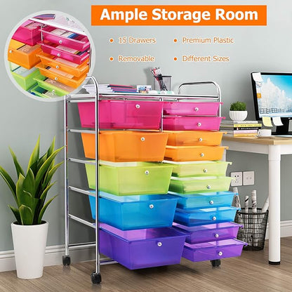 HAPPYGRILL 15-Drawer Rolling Cart, Storage Carts with Removable Drawers & Steel Frame, Utility Cart on Lockable Wheels for Home, School, Office,Colorful