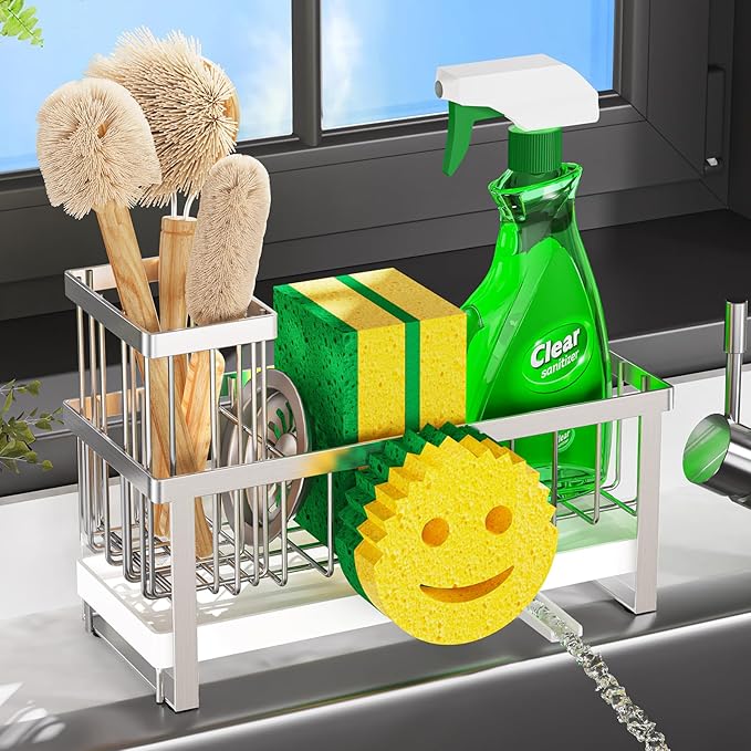 Taugast Sponge Holder for Kitchen Sink,Sink Caddy with Removable Dish Brush Holder,Self-Draining Kitchen Countertop Organizers and Storage Essentials,Soap Dispenser Organize and Home Decor-Silver