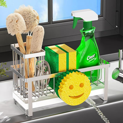 Taugast Sponge Holder for Kitchen Sink,Sink Caddy with Removable Dish Brush Holder,Self-Draining Kitchen Countertop Organizers and Storage Essentials,Soap Dispenser Organize and Home Decor-Silver