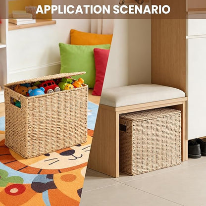 14 Inch Toilet Paper Storage Basket with Lid, 6-Roll Bathroom Organizer, Woven Paper Rope Basket for Narrow Spaces, Multi-Purpose Holder for Towels, Utensils, Picnic & Home Decor