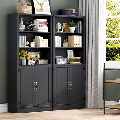 BORNOON 71.4" Tall Bookshelf with Cabinet, 5-Tier Floor Standing Bookcase with Doors & Adjustable Shelves, 31.5" Wide Storage Shelf, Metal Handles, Modern Organizer for Home Office, Living Room