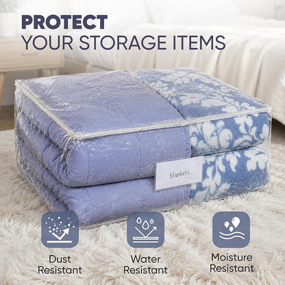 Masirs Clear Blanket Storage Bag (2-Pack) - Vinyl Clothing Organizers with Zipper & Label Pocket - Protects from Dust, Moisture & Dirt - Ideal for Underbed Storage Sheets, Comforters & Bedding