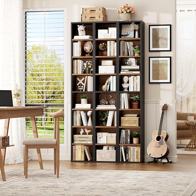 FOTOSOK 2 Pcs 71'' Tall Narrow Bookshelf, 8-Tier Media Tower Rack Set of 2, CD DVD Storage Cabinet with Adjustable Shelves, Tall Narrow Bookcase Skinny Display Bookshelf Slim Shelf, Black/Brown