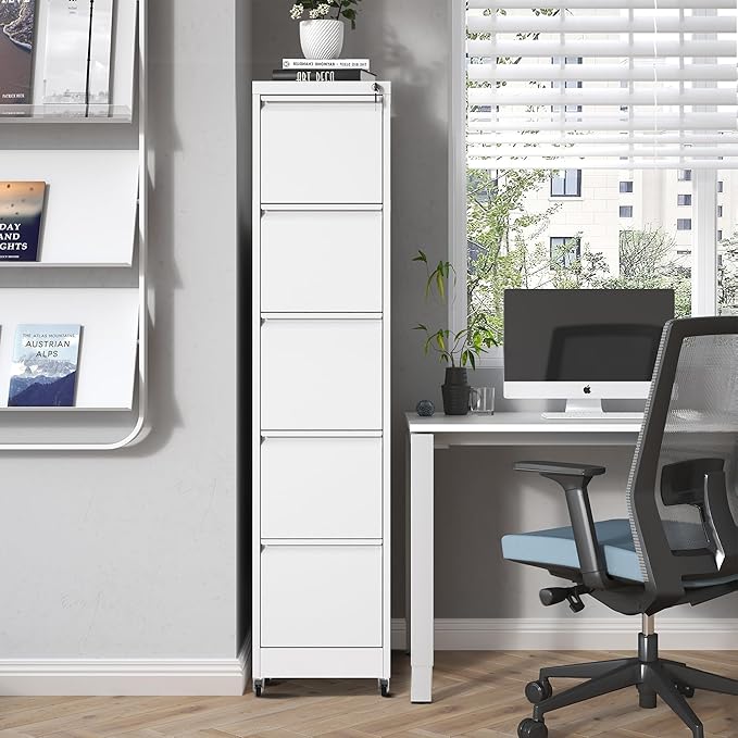5 Drawer Mobile File Cabinet, Metal Filing Cabinet with Lock and Wheels, Home Office Rolling File Cabinets for Legal/Letter Hanging File Folders, Un-Assembled (White)