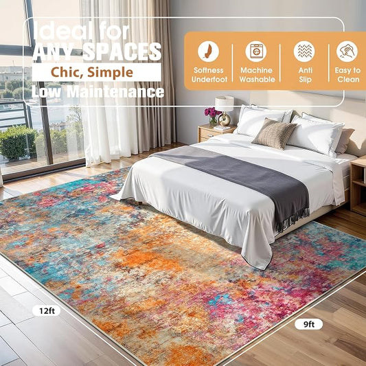 9x12 Area Rugs for Living Room Rug Washable: Abstract Large Rug for Dining Room Bedroom Carpet Non Slip 9 by 12 Indoor Modern Nursery Home Office Colorful