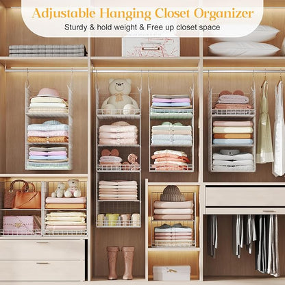 Yuyetuyo ﻿5 Tier Hanging Closet Organizer Separable Hanging Closet Shelves with 4 Hooks 2 Adjustable Dividers, Wire Storage Basket Bins for Clothing Sweaters Socks Dolls Handbags, Foldable
