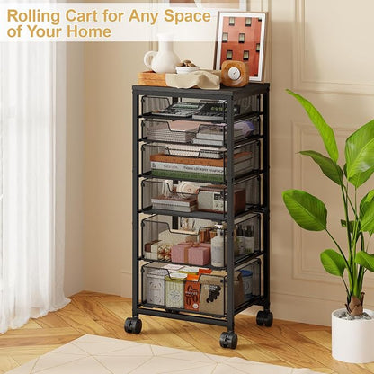 Sbanmao 6 Drawers Rolling Utility Cart, Rolling Storage Cart with Wooden Tabletop, Storage Drawer Cart on Lockable Wheels, Craft Cart for Bedroom, Classroom, Office, Black