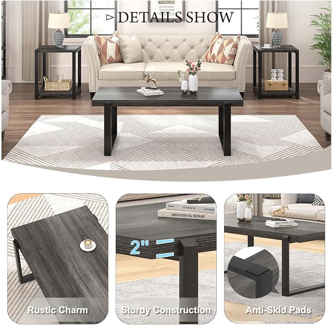 FOLUBAN Industrial Coffee Table, Rustic Wood and Metal Center Table, Modern Rectangle Cocktail Tea Table for Living Room, Dark Gray, 47 Inch
