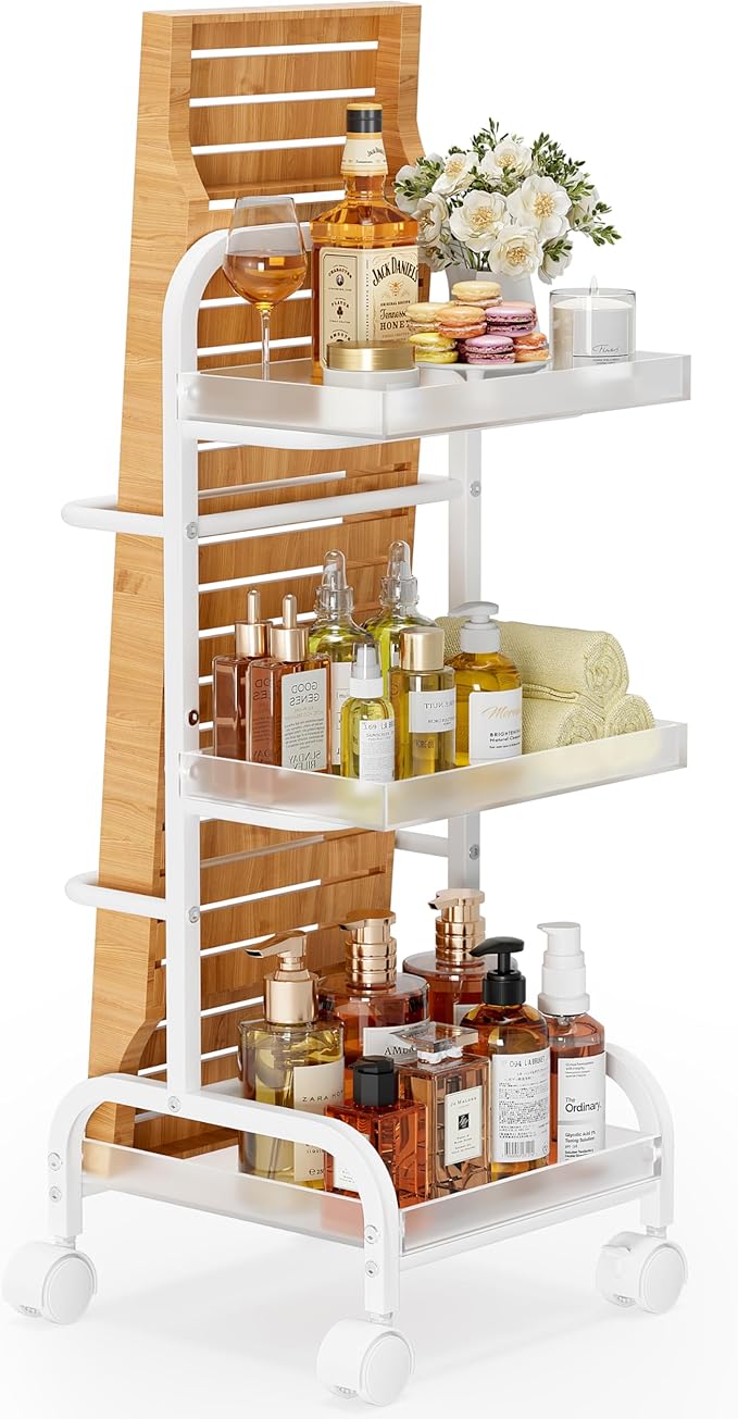 Bathroom Cart with Bathtub Tray Holder, Bathroom Organizers and Storage, Small Slim Shelf Organizer with Bath Tub Caddy Rack, 3 Tier Narrow Skinny Acrylic Rolling Cart for Laundry Room Living Room