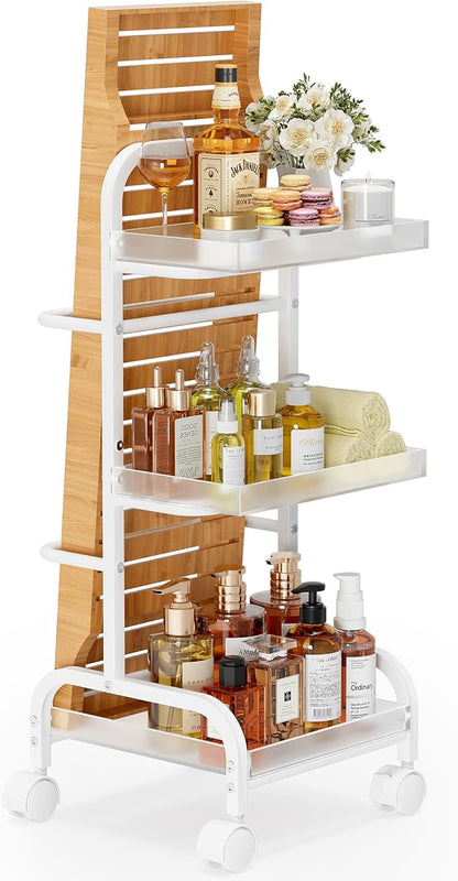 Bathroom Cart with Bathtub Tray Holder, Bathroom Organizers and Storage, Small Slim Shelf Organizer with Bath Tub Caddy Rack, 3 Tier Narrow Skinny Acrylic Rolling Cart for Laundry Room Living Room