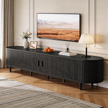 80" Mid Century Modern TV Stand with Power Outlet, Fluted Entertainment Center with Storage and Adjustable Shelves, Wood TV Console with Sliding Doors for Living Room, Black