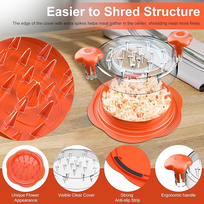 SURETIVIAN Chicken Shredder Tool Twist Large Chicken Breast Shredder with Brush&Fork, Visible Meat Shredder Machine, Anti-Slip Strip, Ergonomic Handle, BPA Free, Suitable for Pork Beef Chicken(Orange)