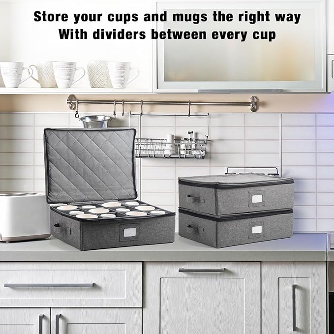 Uiifan 4 Pcs Cup and Mug Storage Box Stemware Storage Cases Containers Holds 12 Coffee Mug and Tea Cup with Lid Handle Wine Glass Box with Insert Cards for Label(Gray)