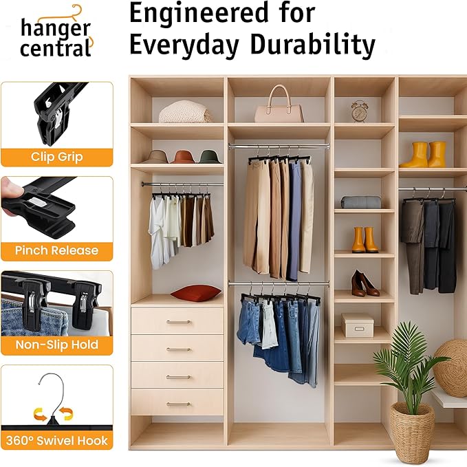 12 inch 30 Pack Pants Hangers Slim Plastic Clothes Hangers with Clips for Skirts, Shorts & Trousers – Non Slip Grip, Heavy Duty Space Saver with Swivel Hook – Black Closet Organizer