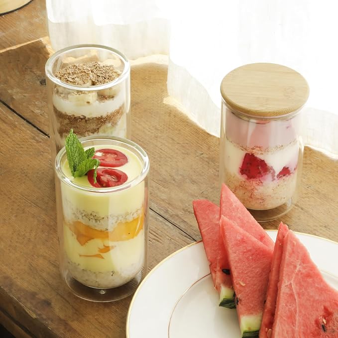 LIBWYS 2 Pack Overnight Oats Containers with Bamboo & Stainless Steel Lids, 15oz Meal Prep Jars - Double Walled High Borosilicate Glass jars for Overnight Oats, Chia Pudding & Salad