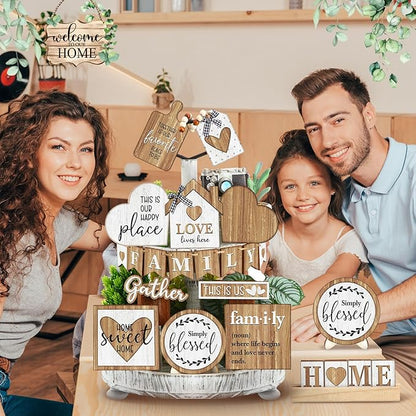 Yaomiao 21 Pcs Farmhouse Tiered Tray Decor Set Rustic Farmhouse Wood Sign Decor Items Vintage Rustic Family Gather Blessed Tiered Tray This is Our Happy Place Sign for Home Kitchen Table Shelf